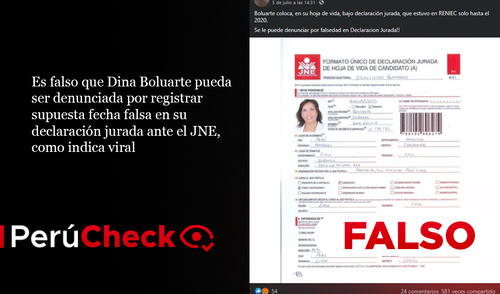 Es falso que Dina Boluarte pueda ser denunciada por registrar supuesta fecha falsa en su declaración jurada ante el JNE. Foto: composición PerúCheck Es falso que Dina Boluarte pueda ser denunciada por registrar supuesta fecha falsa en su declaración jurada ante el JNE. Foto: composición PerúCheck