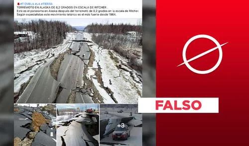 Es falso que fotos de carreteras destruidas correspondan al terremoto de Alaska de julio de 2021. Foto: plantilla para Verificador Es falso que fotos de carreteras destruidas correspondan al terremoto de Alaska de julio de 2021. Foto: plantilla para Verificador