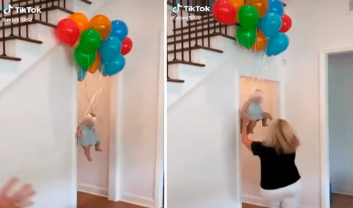 La bebé fue atada por su padre a globos inflados con helio para que se elevara hacia el techo. Foto: captura de TikTok