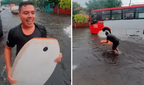 El joven se sumergía en el agua tras el paso del vehículo pesado, pero las ondas que se formaban no eran tan altas para lograr su objetivo. Foto: captura de TikTok