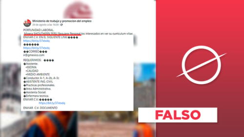 Es falso que el Ministerio de Trabajo haya publicado oferta laboral de minera Southern. Foto: plantilla Verificador LR/captura de pantalla Facebook