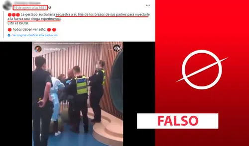 Es falso que en Australia vacunen contra la COVID-19 a niños sin consentimiento de los padres. Foto: plantilla Verificador / captura de pantalla Facebook