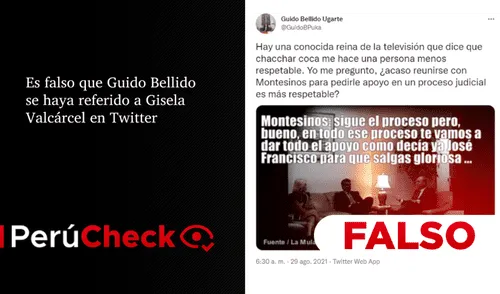 No, Guido Bellido no se refirió a Gisela Valcárcel en Twitter. Foto: PerúCheck