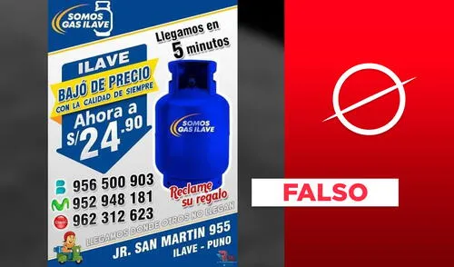 No, no es cierta la publicidad que promociona el balón de gas a 24,90 soles en Ilave. FOTO: Composición Verificador No, no es cierta la publicidad que promociona el balón de gas a 24,90 soles en Ilave. FOTO: Composición Verificador