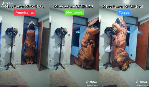 Dramáticas escenas representadas por una persona vestida de dinosaurio causa sensación. Foto: captura de TikTok Dramáticas escenas representadas por una persona vestida de dinosaurio causa sensación. Foto: captura de TikTok