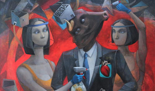 Obra de Héctor Acevedo, “Protocolo del Minotauro", trabajada en técnica mixta, óleo y acrílico. Obra de Héctor Acevedo, “Protocolo del Minotauro", trabajada en técnica mixta, óleo y acrílico.