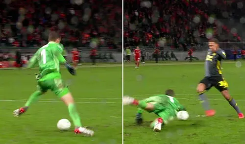 Tremendo blooper de arquero del Union Berlin le da la victoria a Feyenoord. Foto: ESPN Tremendo blooper de arquero del Union Berlin le da la victoria a Feyenoord. Foto: ESPN