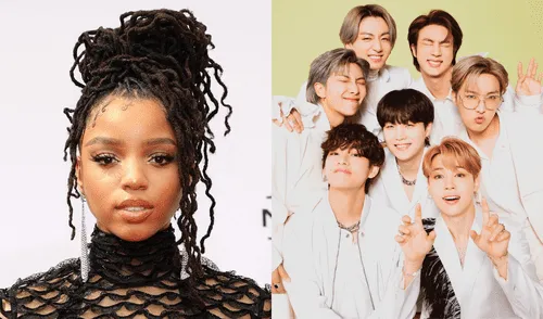Chloe Bailey y BTS posan juntos en la alfombra roja de los American Music Awards 2021. Foto: composición/ ET/ BTS Spain