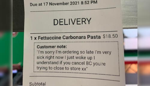 El cliente dejó la siguiente nota: “Lamento haber pedido tan tarde, es que estoy muy enfermo en este momento y me acabo de levantar. Entiendo si cancelas porque deben estar cerrando la tienda 'xx'”. Foto: captura de Facebook El cliente dejó la siguiente nota: “Lamento haber pedido tan tarde, es que estoy muy enfermo en este momento y me acabo de levantar. Entiendo si cancelas porque deben estar cerrando la tienda 'xx'”. Foto: captura de Facebook