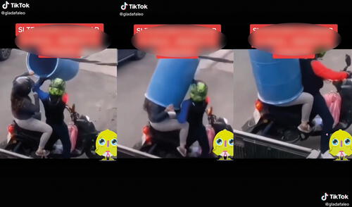 La mujer se colocó el recipiente encima de la cabeza. Foto: captura de TikTok