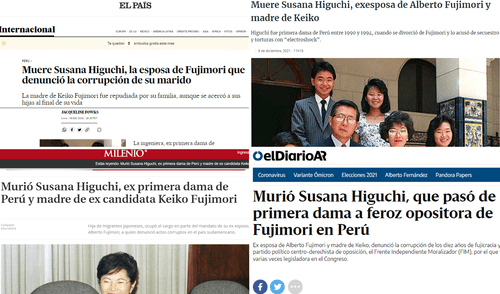 Capturas de diversos portales internacionales y el tratamiento informativo que le brindaron al fallecimiento de Susana Higuchi. Capturas de diversos portales internacionales y el tratamiento informativo que le brindaron al fallecimiento de Susana Higuchi.