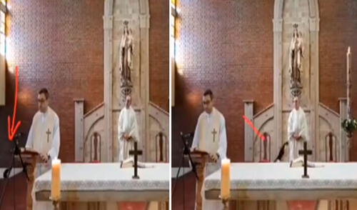 El padre se percató de la presencia del travieso felino que deambuló por el altar. Por ello, trató de ignorarlo para continuar con la ceremonia religiosa. Foto: captura de Facebook