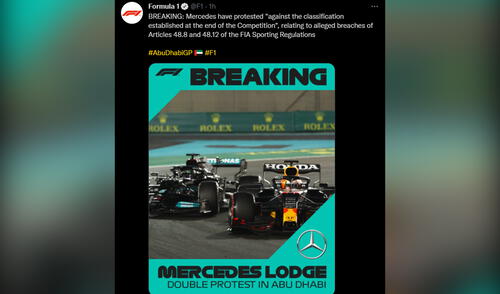 Pese a la derrota de Hamilton, Mercedes se consagró campeón de la F1 por equipos. Foto: Twitter F1 Pese a la derrota de Hamilton, Mercedes se consagró campeón de la F1 por equipos. Foto: Twitter F1