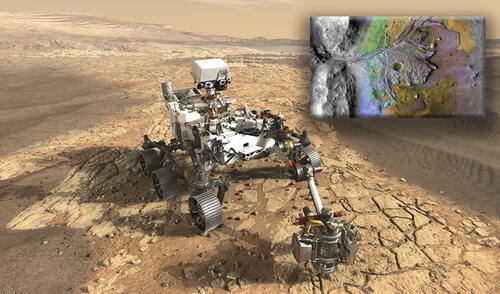 El rover Perseverance y en el recuadro derecho su lugar de amartizaje, el cráter Jezero. Foto: NASA