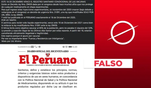 Bulo en Facebook indica que el registro sanitario condicional de las vacunas en el Perú vencieron el 18 de diciembre. Sin embargo, se trata de una caso de desinformación. Foto: composición LR. Bulo en Facebook indica que el registro sanitario condicional de las vacunas en el Perú vencieron el 18 de diciembre. Sin embargo, se trata de una caso de desinformación. Foto: composición LR.