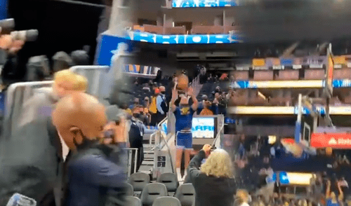 Stephen Curry sorprendió a los hinchas de los Golden State Warriors tras 'convertir' de tres puntos desde las gradas. Foto: captura ESPN Stephen Curry sorprendió a los hinchas de los Golden State Warriors tras 'convertir' de tres puntos desde las gradas. Foto: captura ESPN