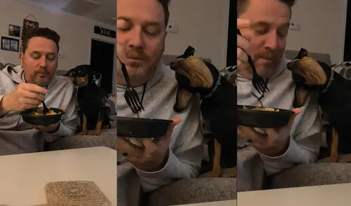 El hombre disfrutaba de su comida cuando el perrito lo interrumpió. Foto: captura de YouTube El hombre disfrutaba de su comida cuando el perrito lo interrumpió. Foto: captura de YouTube