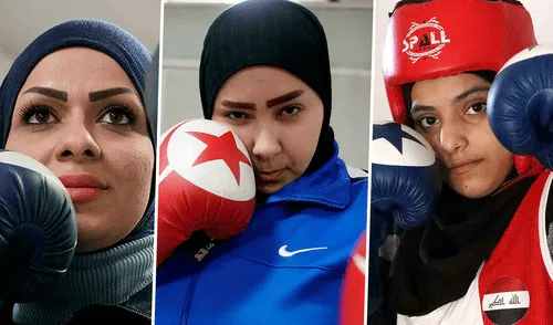 De izquierda a derecha, las deportistas Bushra al Hajar, Ola Mustafá y Hajer Ghazi, tres rostros que enfrentan al machismo desde el boxeo en Irak. Foto: composición LR / Fabrizio Oviedo / AFP
