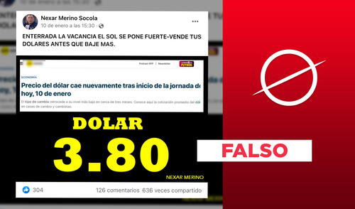 Es falso que el precio del dólar haya bajado hasta S/ 3,80 el último 10 de enero. Foto: Verificador