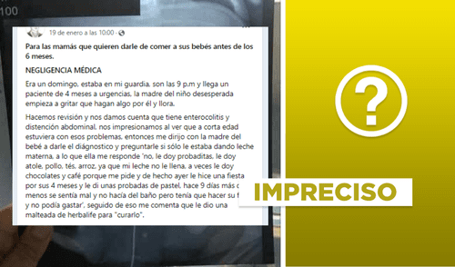 Publicación “para las mamás que quieren darle de comer a sus bebés antes de los seis meses” es imprecisa. Foto: composición Verificador Publicación “para las mamás que quieren darle de comer a sus bebés antes de los seis meses” es imprecisa. Foto: composición Verificador