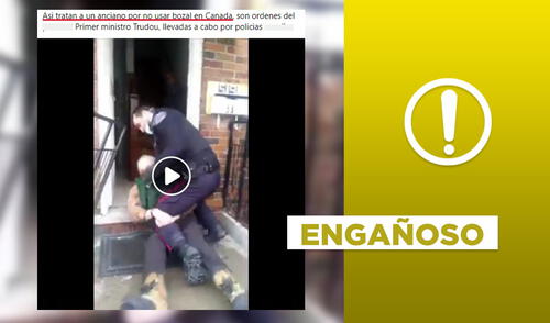 Es engañoso decir que video muestra a policía canadiense golpeando a anciano por no usar mascarilla. Foto: composición