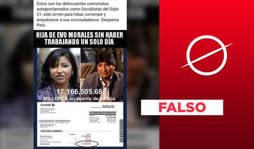 No, imagen viral no demuestra que la hija de Evo Morales tiene US$17 millones en el banco. Foto: Verificador