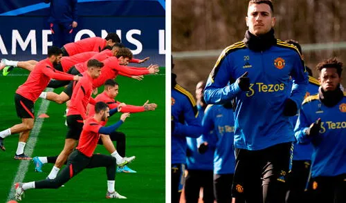 Así salen al campo Atlético de Madrid y Manchester United por la ida de octavos de Champions League 2021-22. Foto: AFP/composición