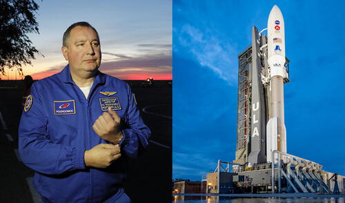 A la derecha, el jefe de Roscosmos. A la izquierda, el cohete Atlas V (con motor ruso) listo para lanzar una misión rumbo a Marte. Fotos: AFP / NASA. A la derecha, el jefe de Roscosmos. A la izquierda, el cohete Atlas V (con motor ruso) listo para lanzar una misión rumbo a Marte. Fotos: AFP / NASA.