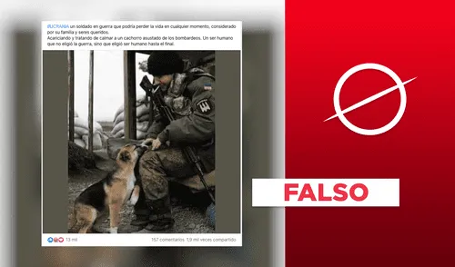 No, foto viral de soldado “tratando de calmar a un cachorro de los bombardeos” no es actual. Fuente: captura LR, Facebook No, foto viral de soldado “tratando de calmar a un cachorro de los bombardeos” no es actual. Fuente: captura LR, Facebook