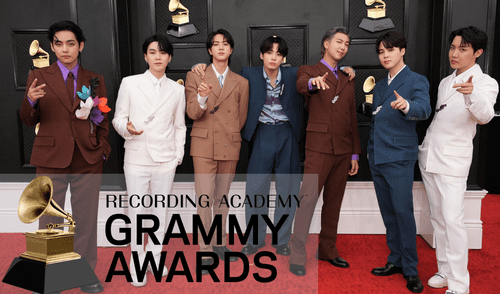 BTS en la red carpet de los Grammys 2022. Foto composición: Vogue. BTS en la red carpet de los Grammys 2022. Foto composición: Vogue.