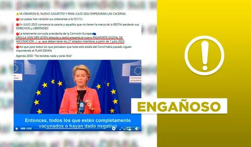 No, video no muestra a presidenta de la Comisión Europea anunciando “nuevo” pasaporte de vacunación “a partir de julio de 2022″. Foto: composición.
