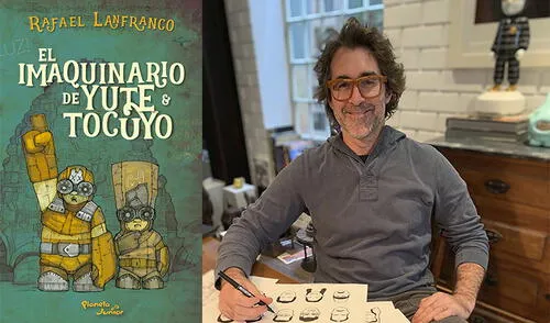 El artista Rafael Lanfranco. Al lado, portada de su nuevo libro, "El imaquinario de Yute y Tocuyo". Fotocomposición: La República.