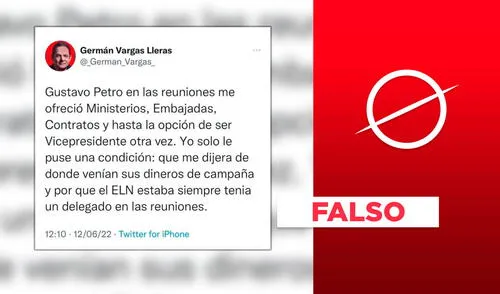 Es falso el tuit en el que Germán Vargas asegura que Gustavo Petro le ofreció la vicepresidencia de Colombia. Foto: captura en Facebook. Es falso el tuit en el que Germán Vargas asegura que Gustavo Petro le ofreció la vicepresidencia de Colombia. Foto: captura en Facebook.