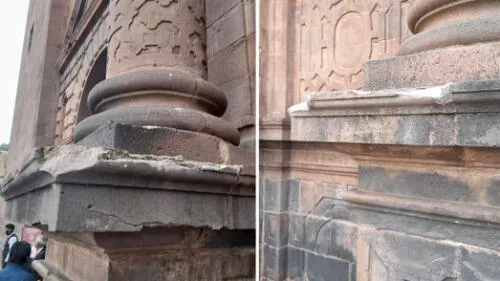 Espectadores dañaron estructuras de la Catedral al trepar a sus pilares para tratar de observar el Inti Raymi. Foto: La República/ Luis Álvarez