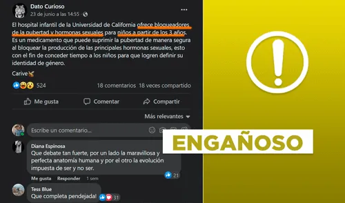 Captura de publicación viral que afirma que hospital ofrece bloqueadores de pubertad y hormonas sexuales para niños en Facebook. Foto: Facebook