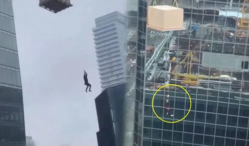 El obrero quedó en el aire a varios metros de altura. Afortunadamente no sufrió lesiones. Foto: captura/Clarin El obrero quedó en el aire a varios metros de altura. Afortunadamente no sufrió lesiones. Foto: captura/Clarin