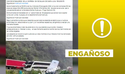 No, noticia sobre bus con 50 pasajeros que se salva de caer en Huánuco no es actual. Foto: composición Verificador / captura de Facebook
