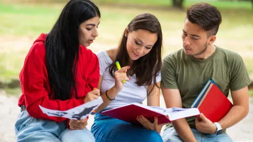 Group of students studying outdoor in park near school, college or university Group of students studying outdoor in park near school, college or university