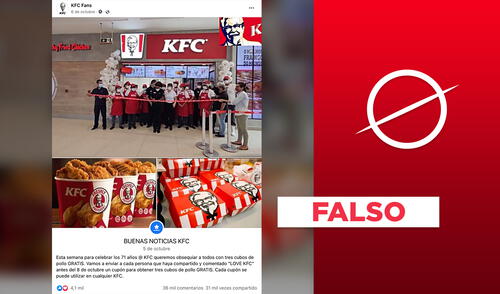 No, KFC no está ofreciendo cupones por “tres cubos de pollo gratis” por su aniversario. Foto: composición Verificador