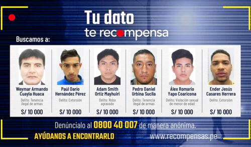 Por cada uno, las autoridades ofrecen S/ 10.000 a cambio de sus capturas. Foto: Mininter Por cada uno, las autoridades ofrecen S/ 10.000 a cambio de sus capturas. Foto: Mininter