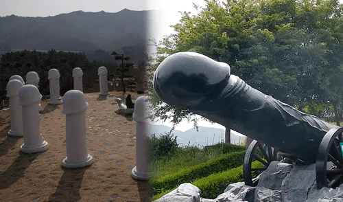 Los mismos pobladores decidieron tallar figuras fálicas con el objetivo de aliviar el alma de la mujer. Foto: composición LR/AFP/captura de YouTube/Jennifer Wayland.