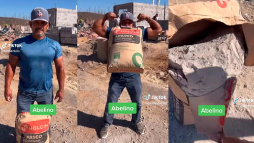Albañil asombra al levantar un costal de cemento con sus dientes: “Es un saiyajin”