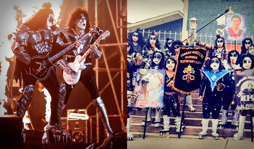 Composición de dos imágenes de Kiss y la comparsa "Kiss Ki Diski"