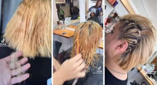 Estilista realiza tratamiento de cabello a mujer que se decoloró el cabello sola. Foto: captura de TikTok/@yoelbalbuena TikTok