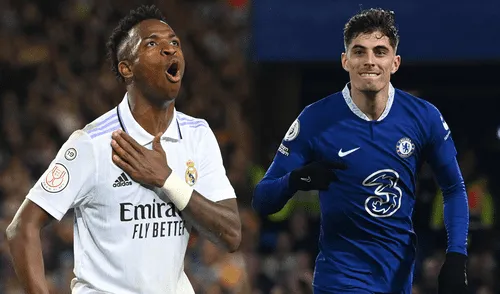 Vinícius Júnior y Kai Havertz intentarán ser protagonistas del duelo de ida. Foto: composición LR/AFP Real Madrid, Chelsea, Champions League