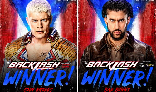 Cody Rhodes y Bad Bunny triunfaron en sus luchas de Backlash 2023. Foto: composición LR/WWE larepublica.pe
