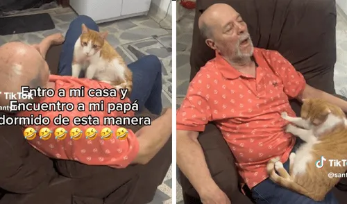 ¡Terapia perfecta! Hombre es captado profundamente dormido mientras su gato le brinda masajes
