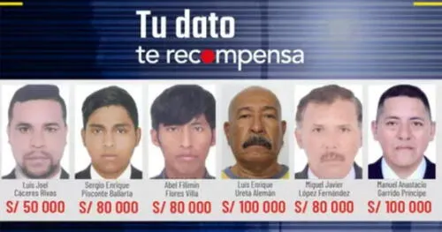 Lista de los más buscados elaborada por el Ministerio del Interior. Foto captura del Programa de Recompensas. Mininter