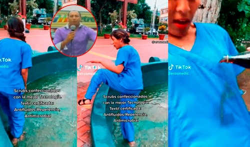 La mujer se metió a la pileta para convencer a sus clientes de la durabilidad del uniforme. Foto: composición LR/capura de TikTok/@Erosmedic Teleferia - Marco Antonio