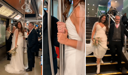 Al no tener mucho dinero, los recién casados decidieron viajar en el metro. Foto: composición LR/@Metrodesantiago/TikTok Recién casados
